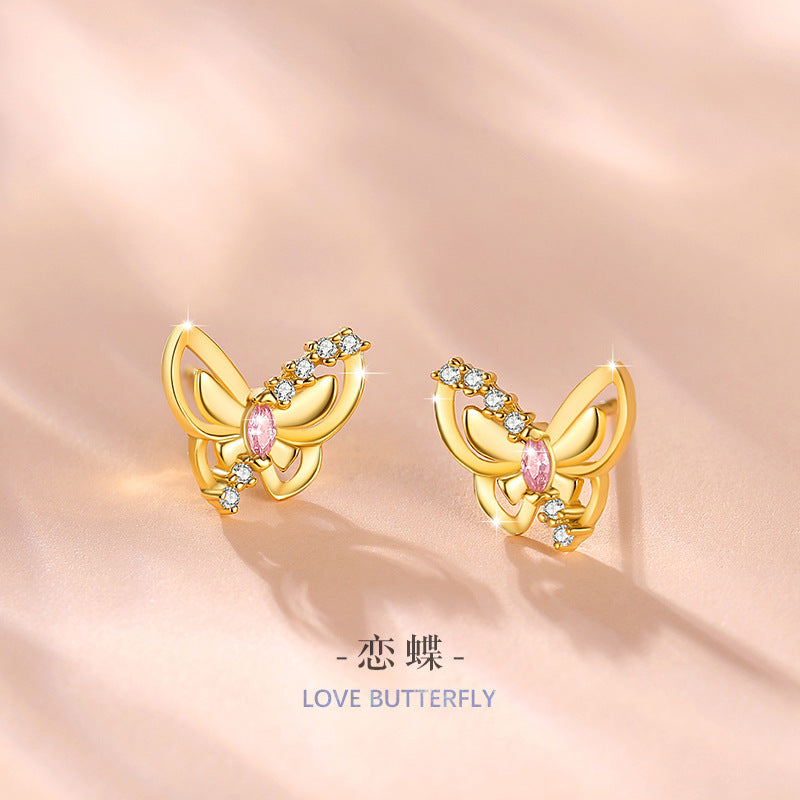 Butterfly Sterling Silver 925 Stud Earrings Female Niche Design Light Luxury Pink Diamond Zircon Earrings Ins Style Wings Girlfriends Stud Earrings