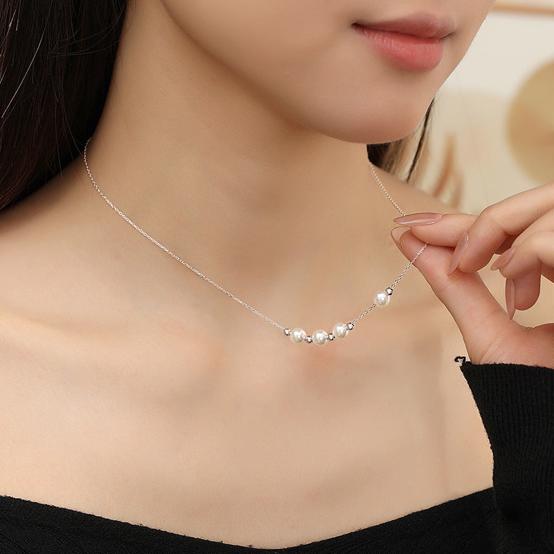 S925 Sterling Silver Necklace Simple Beading Clavicle Chain Light Luxury High Sense Niche Accessories Commuter Gift Silver Jewelry Spot