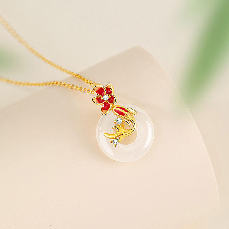 Lucky Koi Fish Sterling Silver Necklace Women's New Chinese Style National Fashion Chalcedony Flower Clavicle Chain Ins Style Safety Buckle Pendant