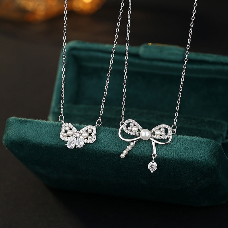 S925 Sterling Silver Bow Pearl Necklace Women's High-Grade Niche Clavicle Chain Gift for Girlfriend Silver Jewelry