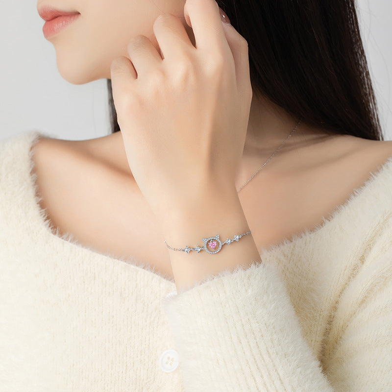 Sweet Cat Sterling Silver 925 Bracelet Female Niche Design Light Luxury Pink Diamond Star Bracelet Ins Style Lovely Bracelet