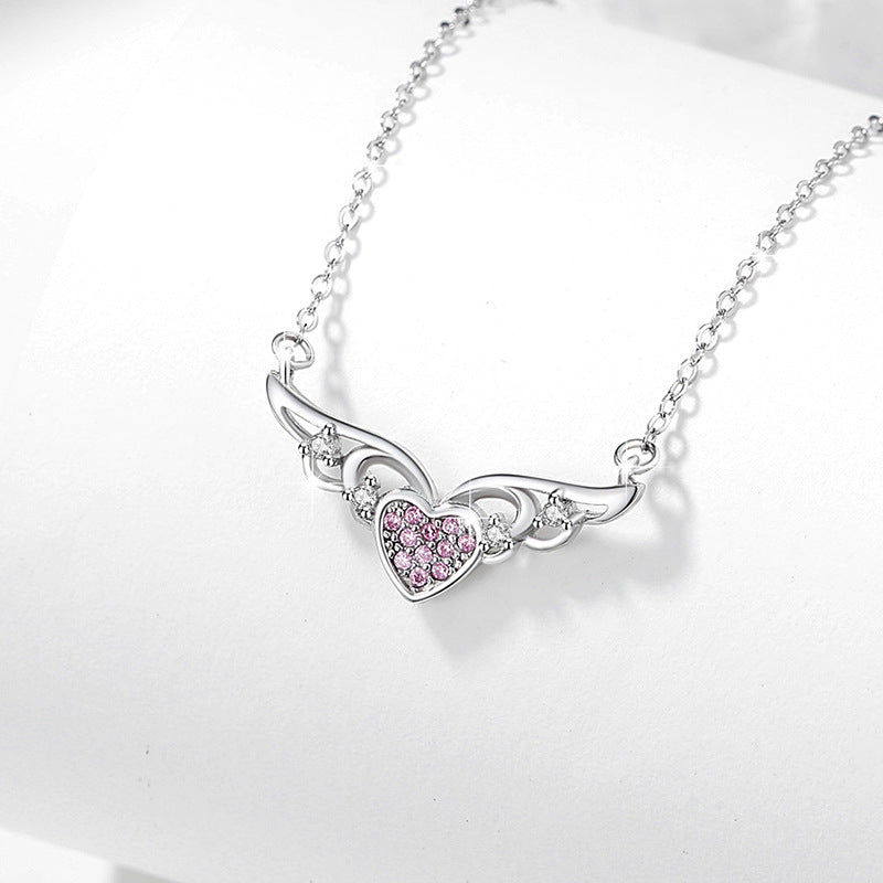 Angel Wings Sterling Silver 925 Necklace Female Niche Design Light Luxury Pink Diamond Clavicle Chain Thing Ins Love Pendant