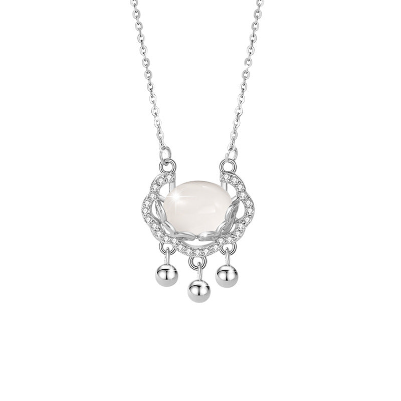 Chalcedony Safety Lock Sterling Silver 925 Necklace Women's National Fashion Ethnic Style Zircon Clavicle Chain Goods Ins Style Auspicious Cloud Pendant