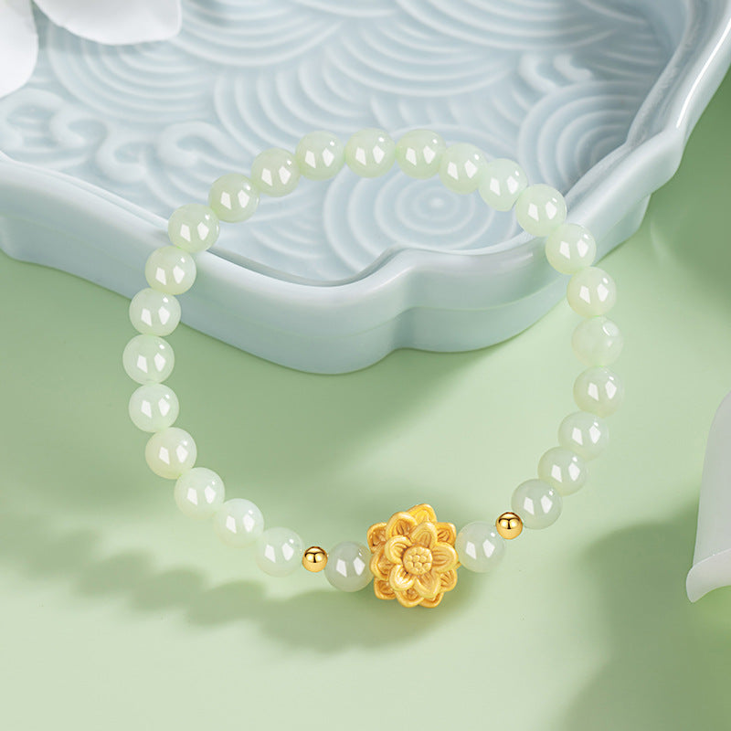 Lotus Sterling Silver 925 Bracelet New Chinese National Fashion Hetian Jade Flower Bracelet Mother's Day Gift Bracelet