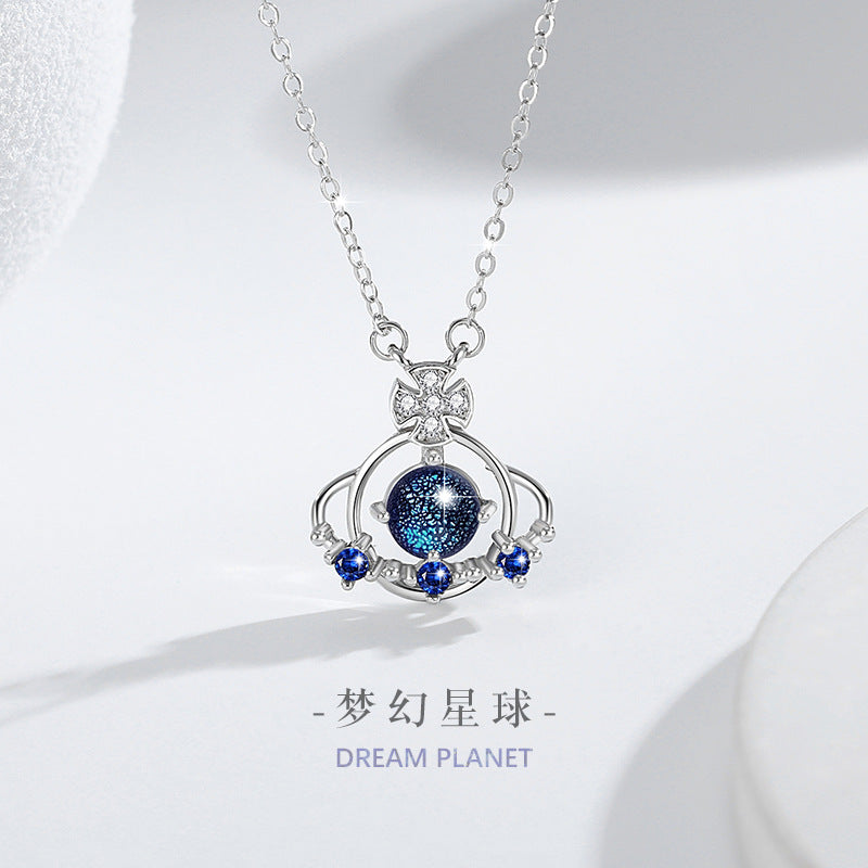 Planet Sterling Silver 925 Necklace Women's Fashion All-Match Glass Stone Clavicle Chain Goods Ins Style Saturn Zircon Pendant