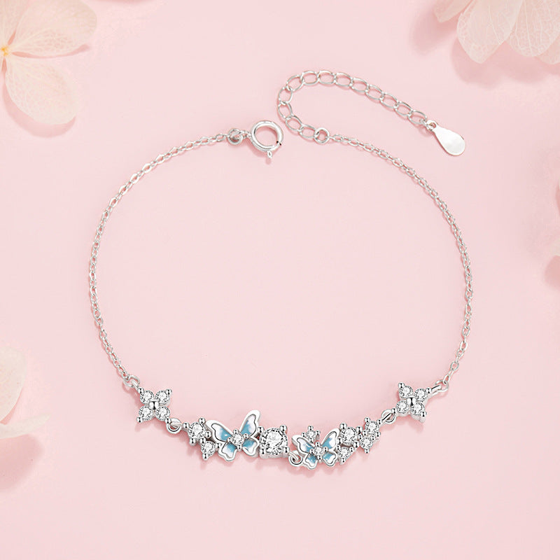 Butterfly Pure Silver 999 Bracelet Female Sweet Cute Style Epoxy Gradient Tassel Bracelet Super Fairy Girl Zircon Ear Studs