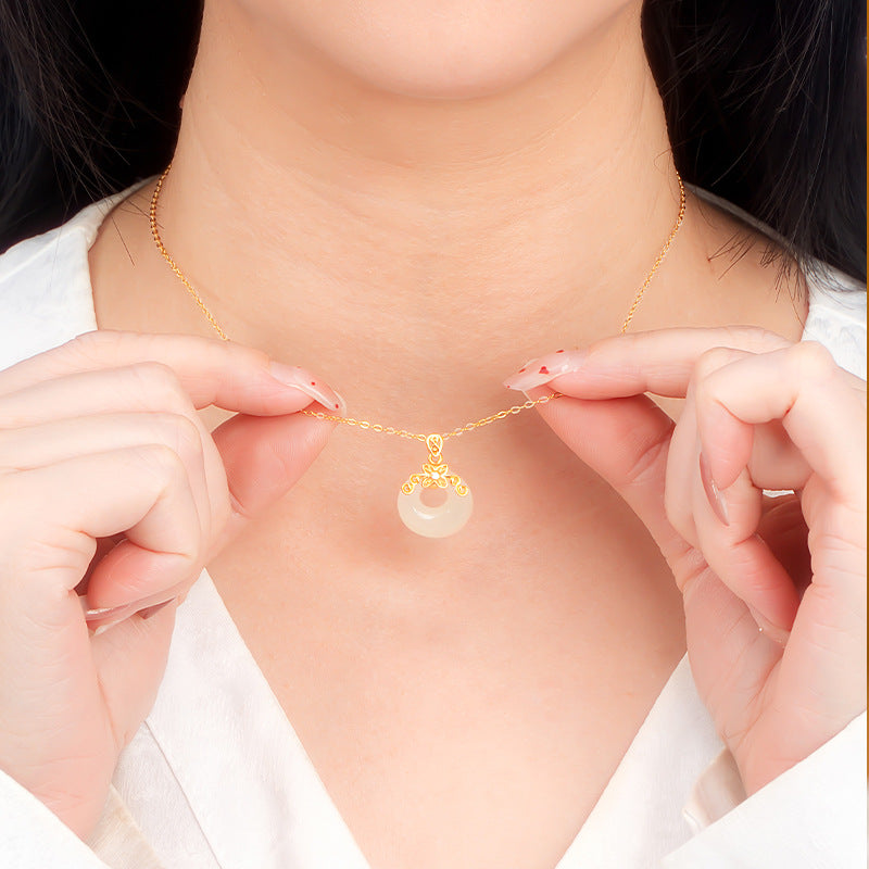 Silver Jewelry Wholesale S925 Sterling Silver Gold Plated Hetian Jade Peace Buckle Necklace Lucky Gold Buckle Xiangyun Jade Pendant Mother's Day