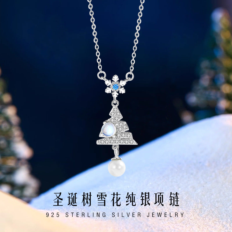 Christmas Tree Sterling Silver 925 Necklace Women's Fashion All-Match Pearl Zircon Clavicle Chain Ins Snowflake Glass Stone Pendant