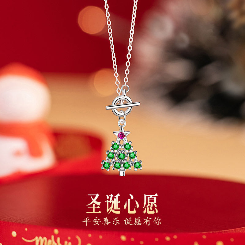 Christmas Tree Sterling Silver 925 Necklace Female Niche Design Light Luxury Zircon Snowflake Sweater Chain Ins Style Star Pendant