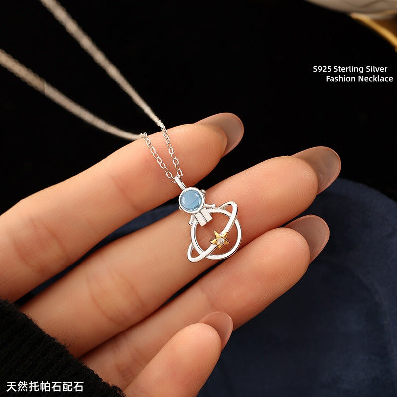 Niche S925 Sterling Silver Necklace Female Natural Topaz Astronaut Planet Clavicle Chain Couple Gift Light Luxury Silver Jewelry