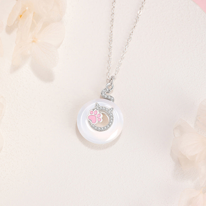 Halskette aus 925er Sterlingsilber – Katze und Scheibe und Chalcedon