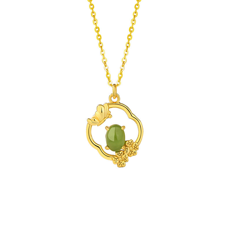 Flower Four Seasons Sterling Silver 925 Hetian Jasper Necklace Women's National Fashion Classical Spring, Summer, Autumn and Winter Clavicle Chain Lotus Pendant