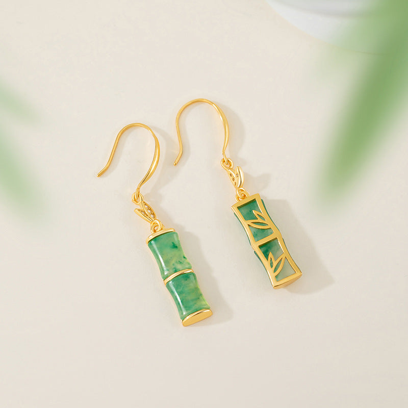 Bamboo Sterling Silver 925 Stud Earrings Women's National Fashion Hanfu Natural African Bamboo Festival Earrings Fairy Festival High-Rise Earrings