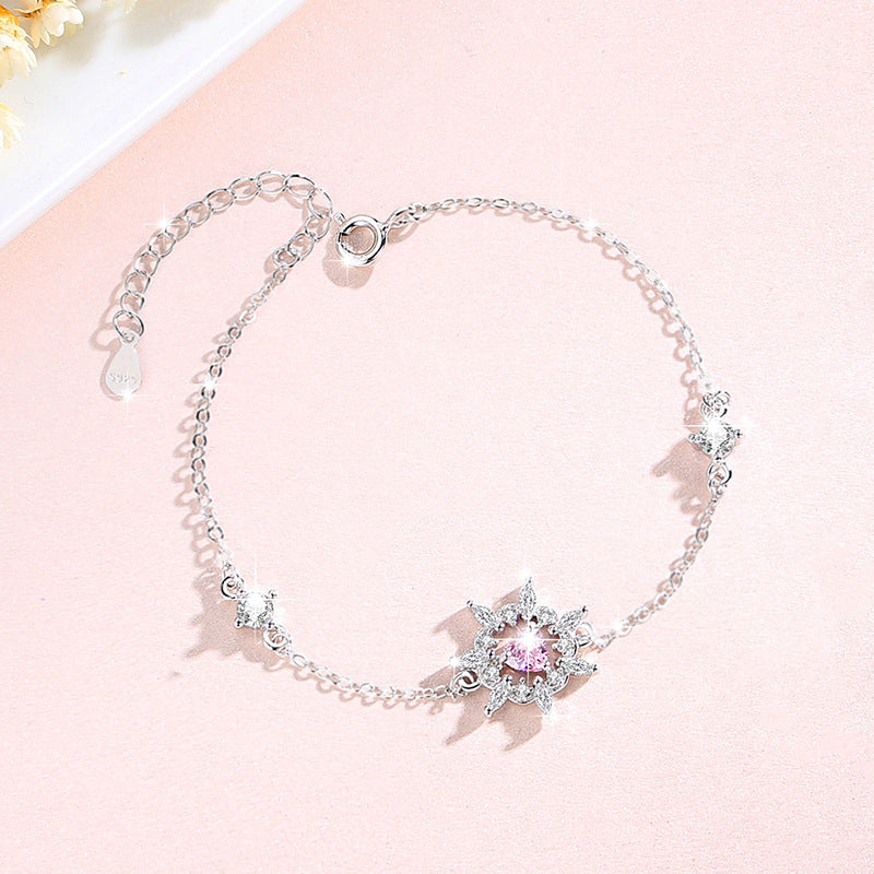 Lucky Sunflower Sterling Silver 925 Bracelet Female Niche Design Light Luxury Pink Zircon Ins Get Love Bracelet
