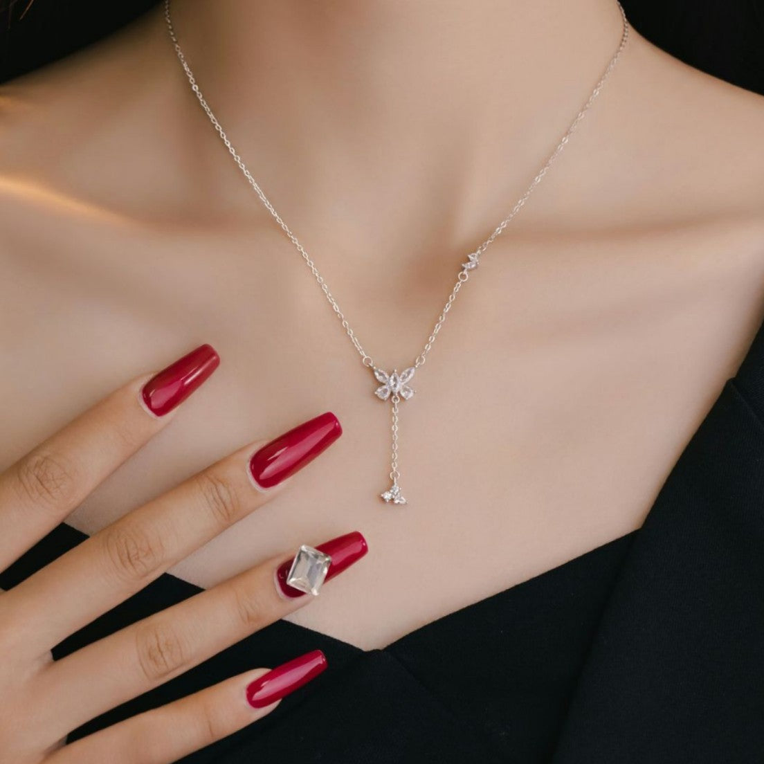 Butterfly Sterling Silver 925 Necklace Female Niche Design Light Luxury Zircon Tassel Clavicle Chain Small Red Book Same Pendant