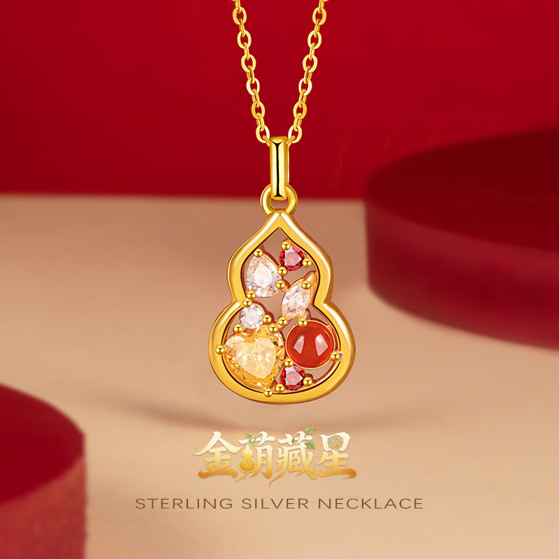 New Chinese Style S925 Sterling Silver Gourd Necklace Female Inlaid Red Agate Magic Color Fu Lu High-Grade Good Luck Clavicle Chain Female