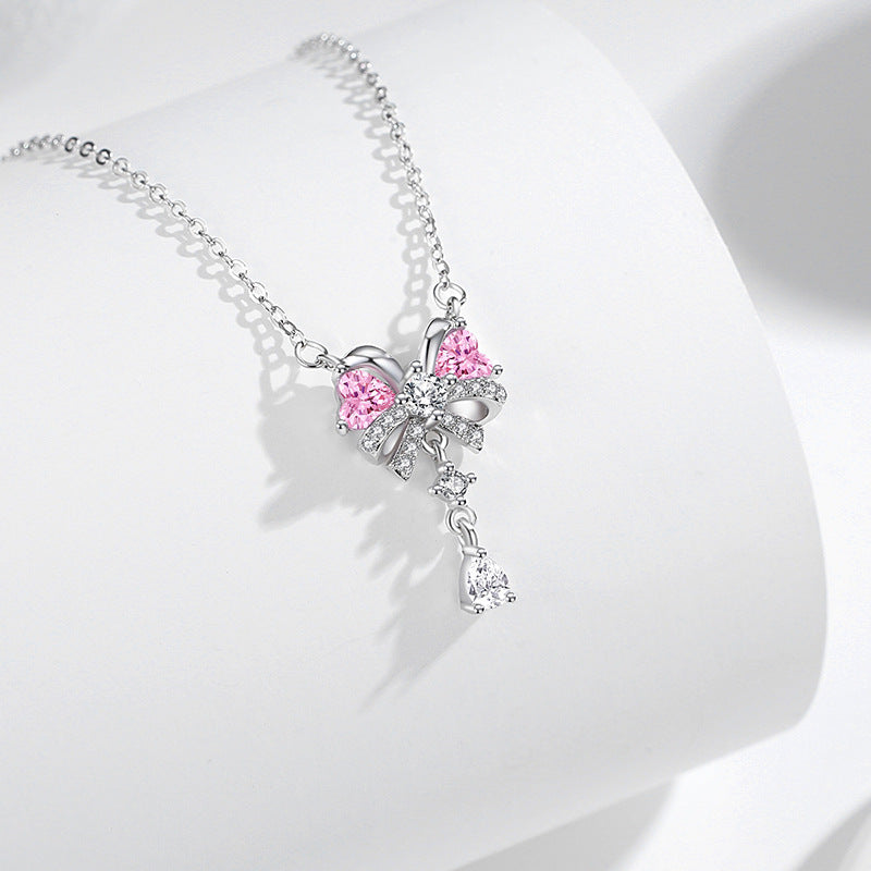 Bow Sterling Silver 925 Necklace Female Niche Design Light Luxury Tassel Zircon Clavicle Chain Love Pink Diamond Pendant