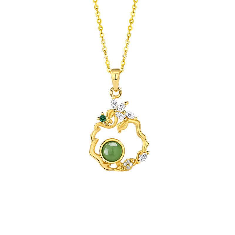 Flower Sterling Silver 925 Hetian Jasper Necklace Women's National Fashion Palace Style Butterfly Zircon Clavicle Chain Ins Petal Pendant