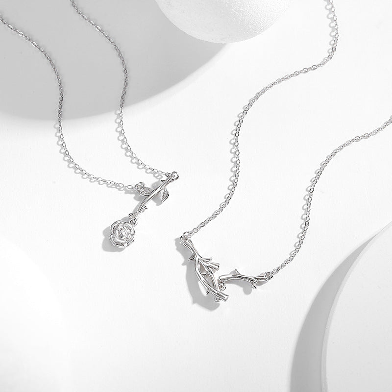 Thorn Rose Sterling Silver 925 Couple Necklace for Men and Women Mori Japanese and Korean Valentine's Day Gift Ins Style Branch Pendant