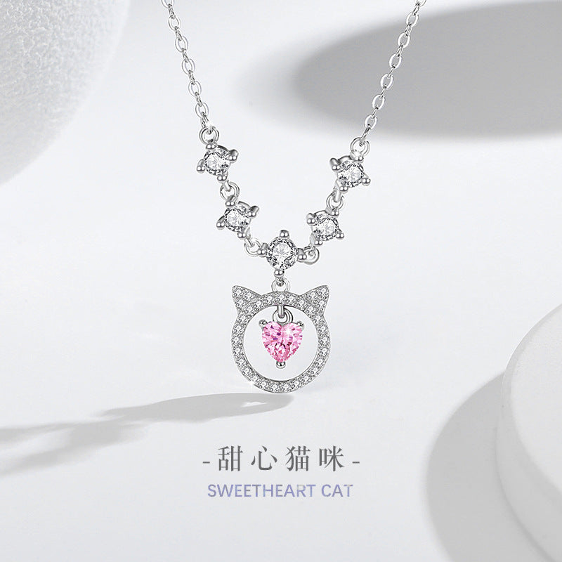 Cat Sterling Silver 925 Necklace Female Niche Design Light Luxury Pink Diamond Zircon Clavicle Chain Ins Style Love Pendant