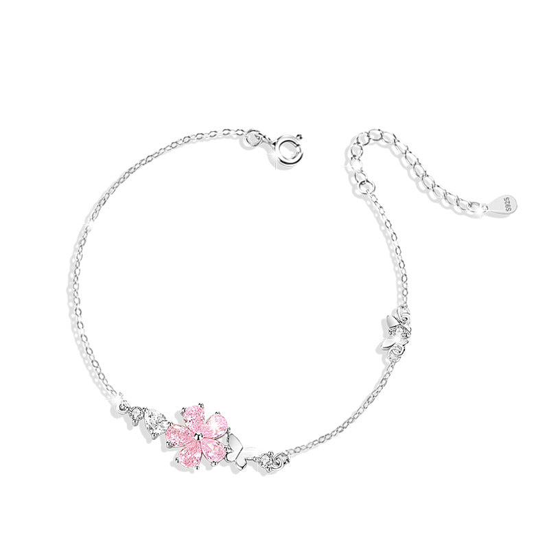 Cherry Blossom Sterling Silver 925 Bracelet Female Niche Design Light Luxury Pink Zircon Bracelet for Girls Ins Style Butterfly Bracelet