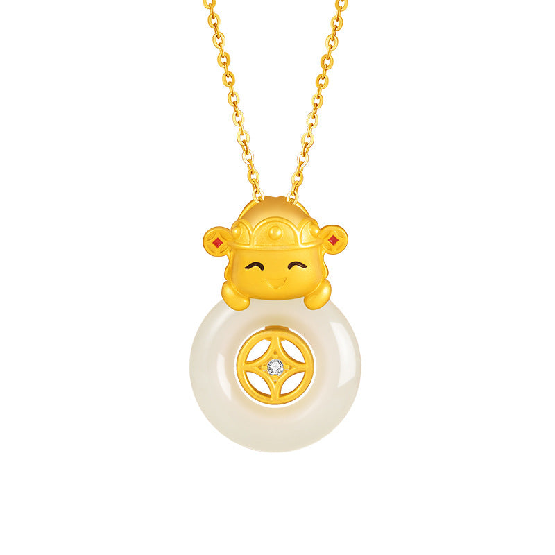 God of Wealth to Sterling Silver 925 Necklace Light Luxury High-Grade Hetian Jade Copper Coin Clavicle Chain Ins Style Safety Buckle Pendant