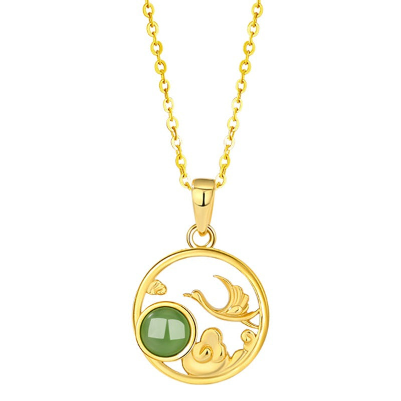 Crane Sterling Silver 925 Hetian Jade Necklace Women's National Fashion Classical Style Auspicious Cloud Clavicle Chain Ins New Chinese Style Pendant