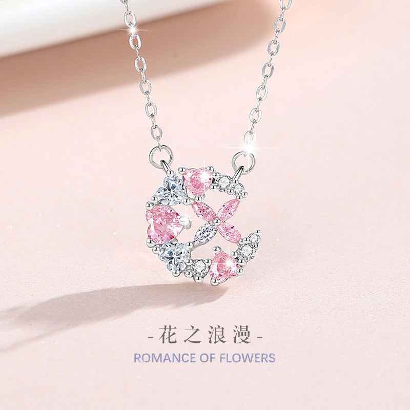 Butterfly Sterling Silver 925 Necklace Women's Fashion All-Match Pink Zircon Clavicle Chain Get Things Ins Style Love Pendant