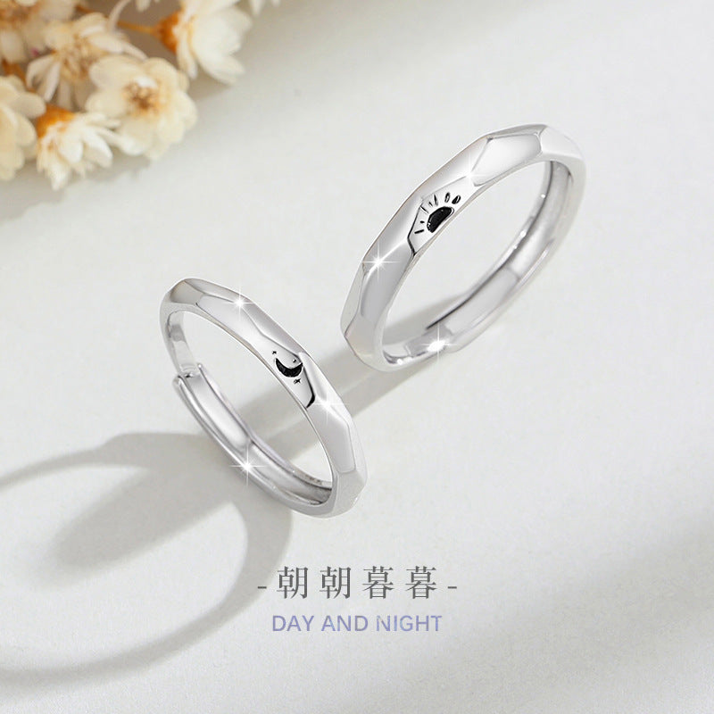 Sun and Moon Pure Silver 999 Couple Ring Men and Women Niche Design Light Luxury Rhombus Ring Qixi Ins Sun Ring