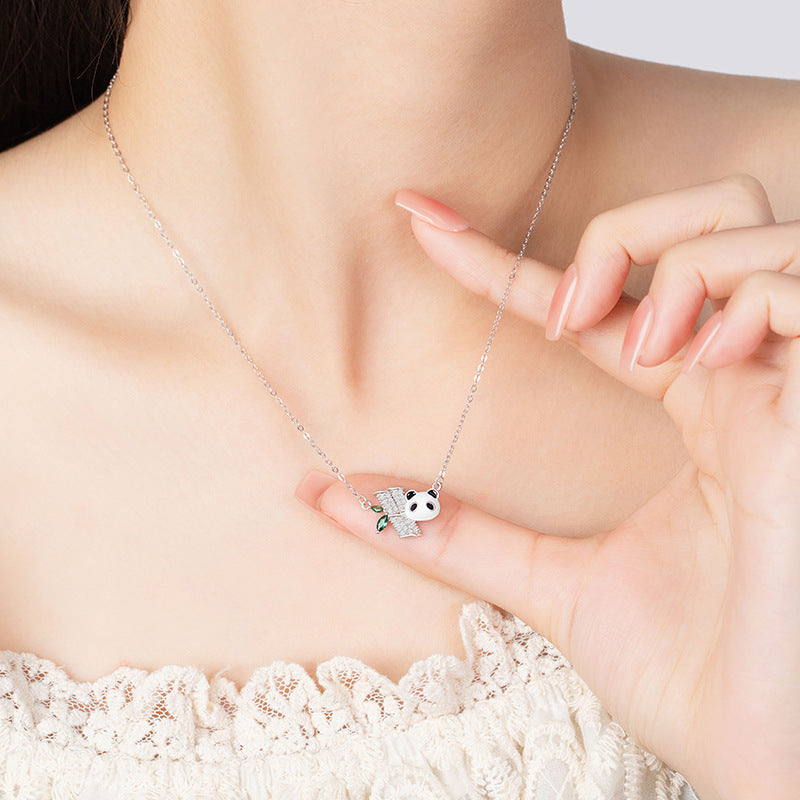 Panda Sterling Silver 925 Necklace Female Niche Design Light Luxury Zircon Clavicle Chain Get Things Ins Style Bamboo Pendant