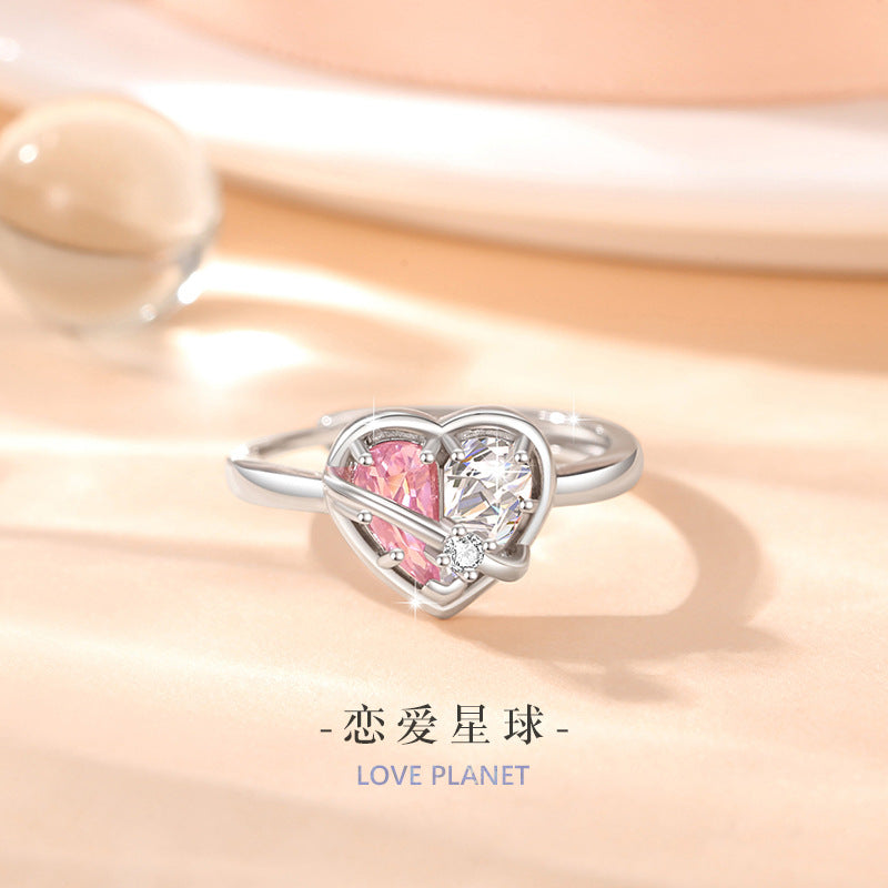 Lovely Sterling Silver 925 Ring Women's Fashion All-Match Pink Diamond Star Ring Qixi Things Ins Style Planet Ring