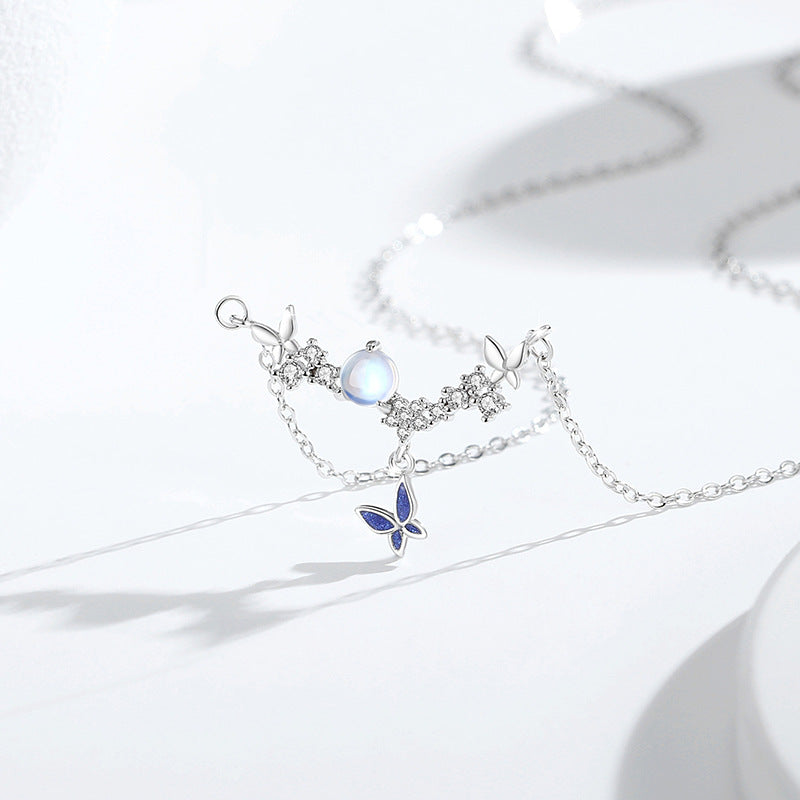 Original Butterfly Sterling Silver 925 Necklace Female Niche Design Light Luxury Glass Stone Clavicle Chain Ins Style Star Pendant
