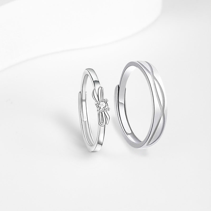 Bow Sterling Silver 925 Couple Ring Men's and Women's Light Luxury High-Grade White Crystal Ring Ins Escape Princess Ring