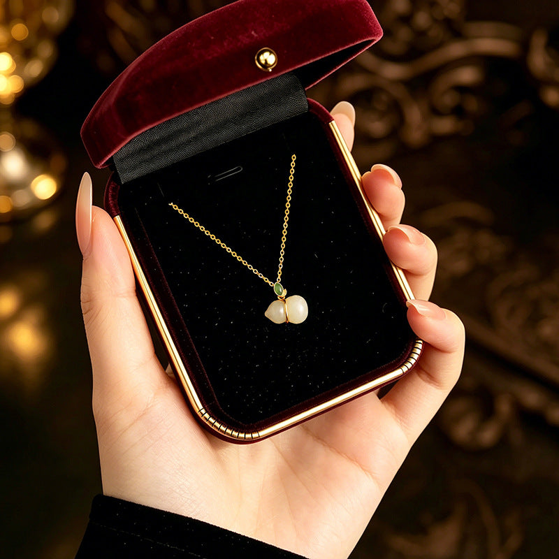 Fu Lu Double Full Sterling Silver 925 Hetian Jade Necklace Women's National Fashion New Chinese Style Jasper Clavicle Chain Ins Style Gourd Pendant