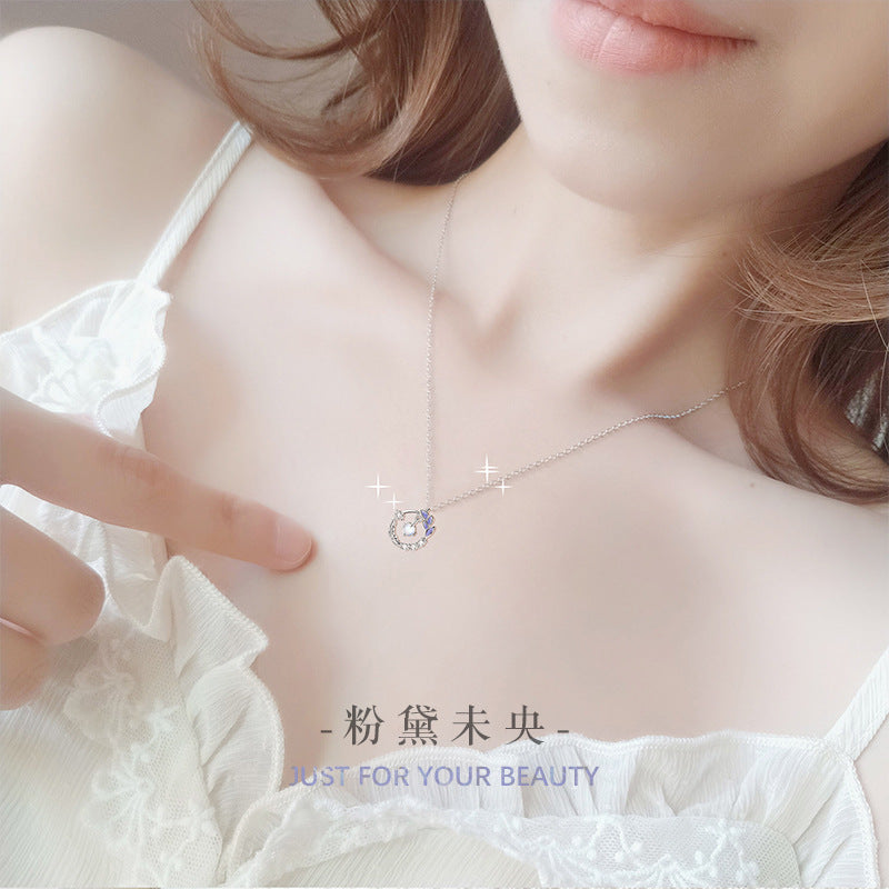 Feather Sterling Silver 925 Necklace Female Niche Design Light Luxury Zircon Clavicle Chain Ins Style Fantasy Glass Stone Pendant