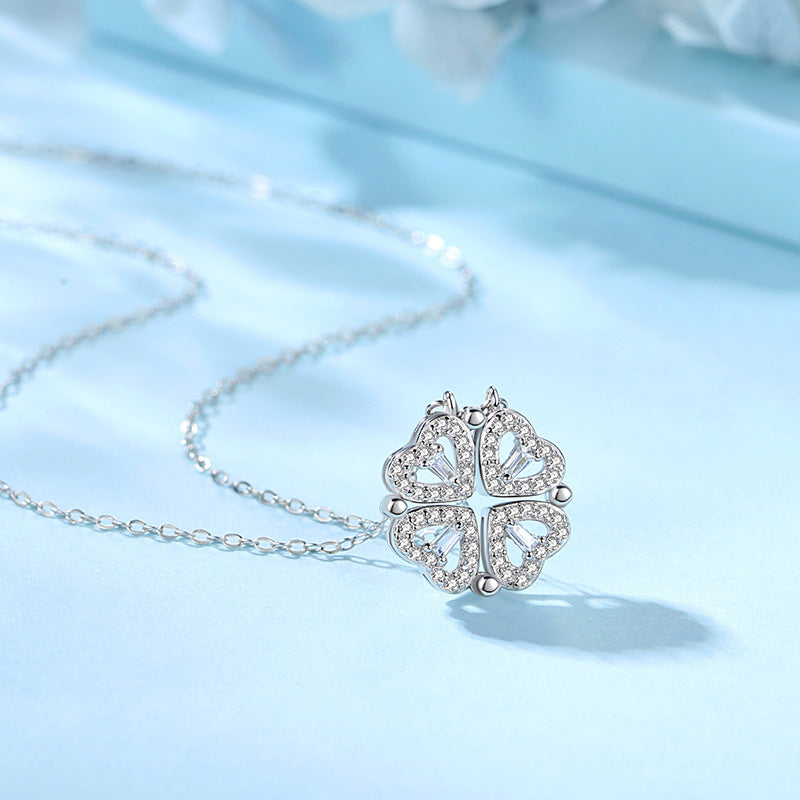 Lucky Clover Sterling Silver 925 Necklace Niche Design Magnetic Clavicle Chain a Two-Piece Zircon Love Pendant
