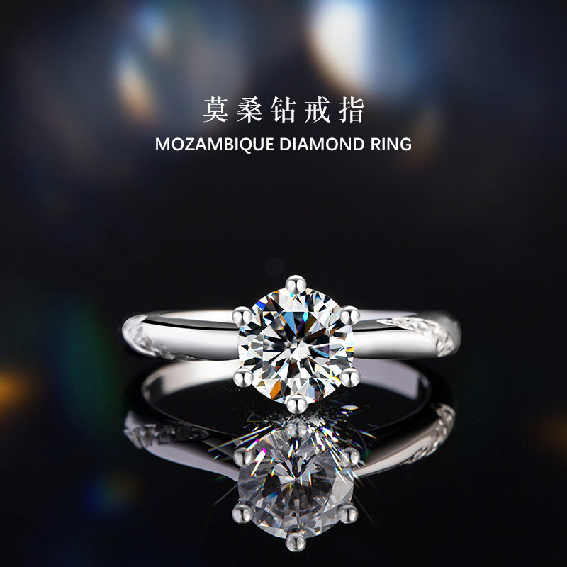 Sterling Silver 925 Diamond Ring Women's Simple High-Grade Moissanite Ring D Color 1 Karat Classic 6 Wedding Ring