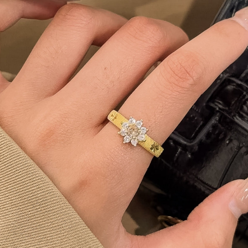 Sunflower Sterling Silver 925 Ring Women's Vintage Court Style Zircon Flower Ring Ins Style Brushed Ice Flower Ring