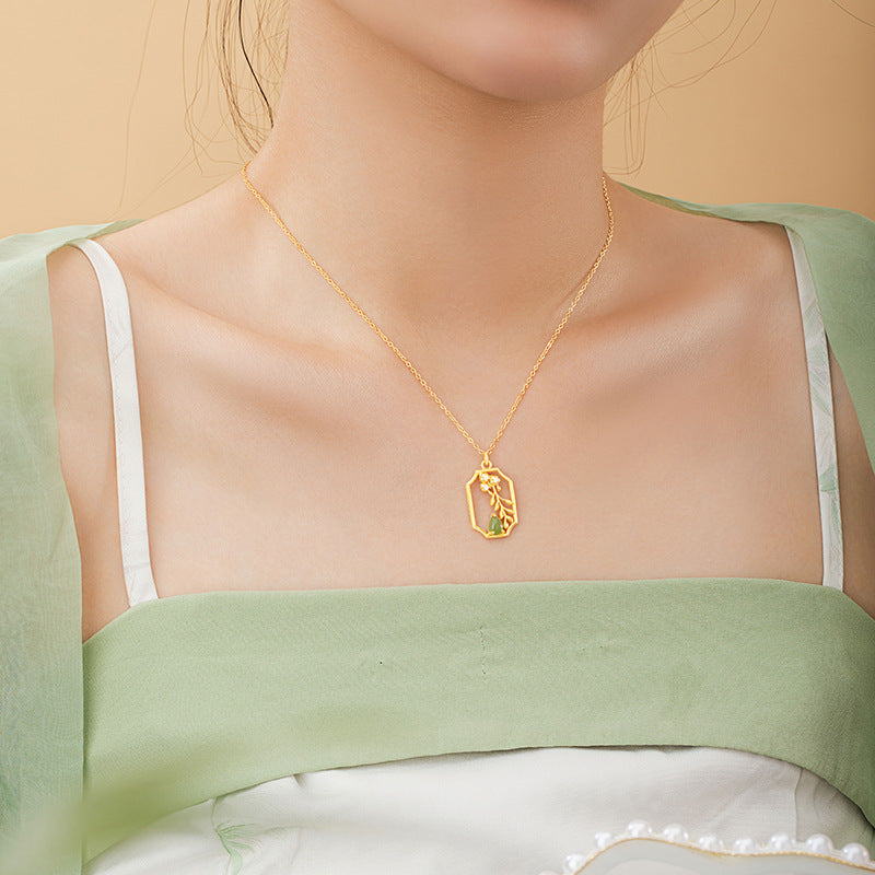 Fu Lu Sterling Silver 925 Hetian Jasper Necklace Women's New Chinese Style National Fashion Flowers like Brocade Clavicle Chain Ins Flower Pendant