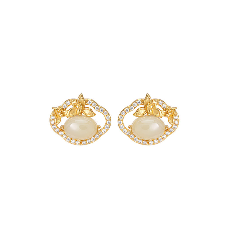 S925 Sterling Silver Hetian Jade Stud Earrings Women's New Chinese Style Ruyi Magnolia Vintage National Style Earrings Valentine's Day Gift