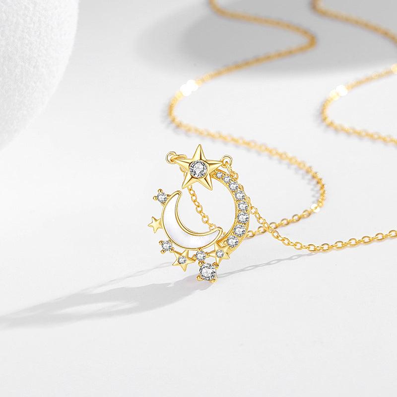 Moon Sterling Silver 925 Necklace Female Niche Design Light Luxury White Fritillary Clavicle Chain Ins Style Star Zircon Pendant