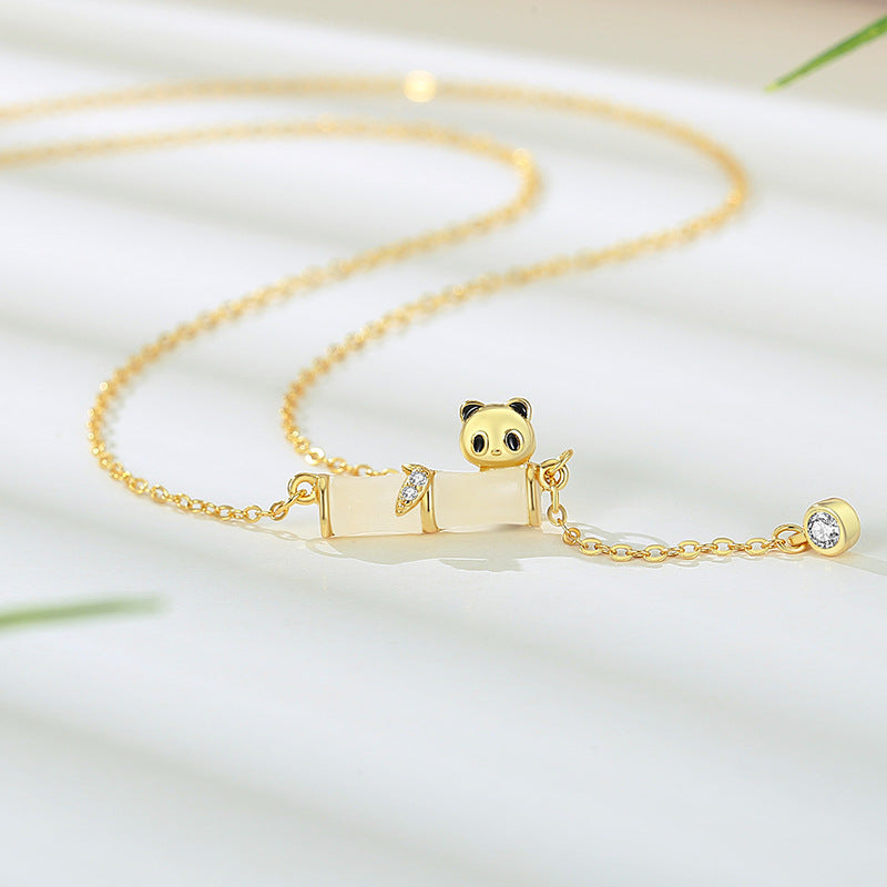 Panda Sterling Silver 925 Hetian Jade Necklace Women's New Chinese Style National Fashion Bamboo Clavicle Chain Ins Style High-Rise Pendant