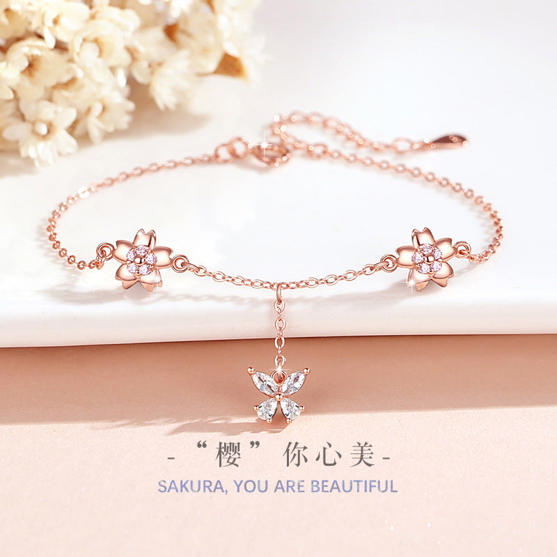 Butterfly Sterling Silver 925 Bracelet Female Niche Design Light Luxury Zircon Tassel Bracelet for INS Style Cherry Blossom Bracelet