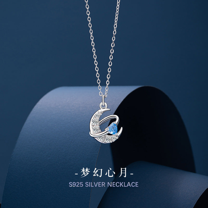 Moon Sterling Silver 925 Necklace Female Niche Design Light Luxury Zircon Star Clavicle Chain Ins Style Love Pendant