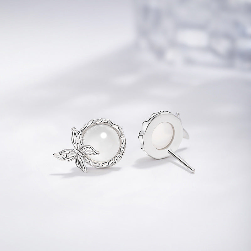Chalcedony Sterling Silver 925 Stud Earrings Women's Fashion Niche Versatile Butterfly Earrings Ins Style Irregular Wisteria Flower Earrings