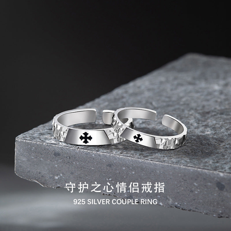 Cross Sterling Silver 925 Couple Ring Men's and Women's Fashion All-Match Star Ring Valentine's Day Broken Ice Pair Ring