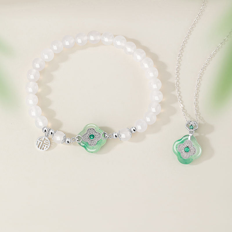 Lucky Clover Sterling Silver 925 Necklace Women's New Chinese Style Natural African Emerald Ruyi Clavicle Chain Auspicious Cloud Lock Pendant