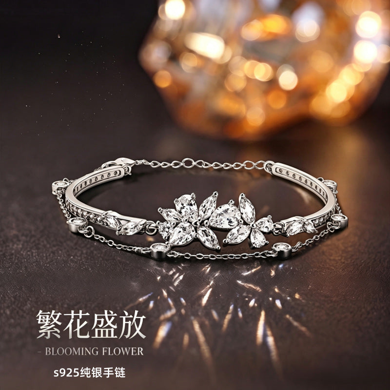S925 Sterling Silver Bracelet Women's Light Luxury Double-Layer Design Flower Bracelet Banquet High-Grade Accessories Niche Gift for Girlfriend