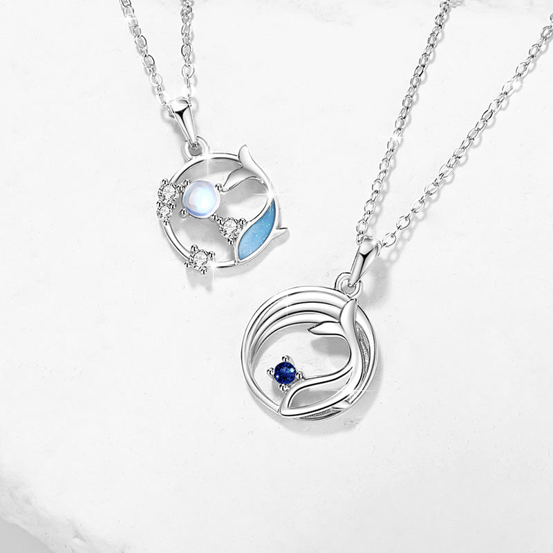 Whale Has You Sterling Silver 925 Couple Necklace, INS Glazed Stone Clavicle Chain 520 Valentine's Day Fishtail Pendant
