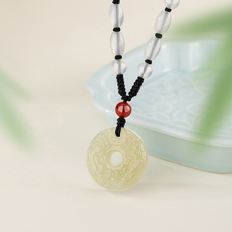 Natural Hetian Jade Safety Buckle Necklace Men's Light Luxury High-Grade Red Agate Necklace Coin Chalcedony Pendant